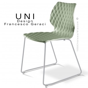 Chaise design UNI, piétement luge peint aluminium, assise coque plastique couleur vert pistache.