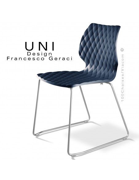 Chaise design UNI, piétement luge chromé brillant, assise coque plastique couleur anthracite.