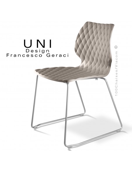 Chaise design UNI, piétement luge chromé brillant, assise coque plastique couleur gris tourterelle.