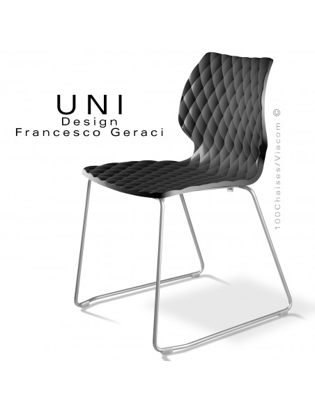Chaise design UNI, piétement luge chromé brillant, assise coque plastique couleur noire.