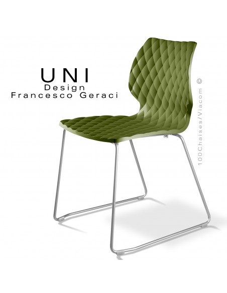 Chaise design UNI, piétement luge chromé brillant, assise coque plastique couleur vert olive.