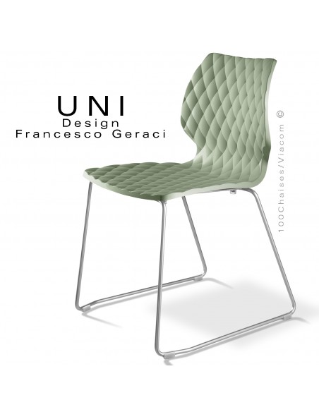 Chaise design UNI, piétement luge chromé brillant, assise coque plastique couleur vert pistache.
