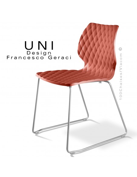 Chaise design UNI, piétement luge chromé brillant, assise coque plastique couleur rouge corail.