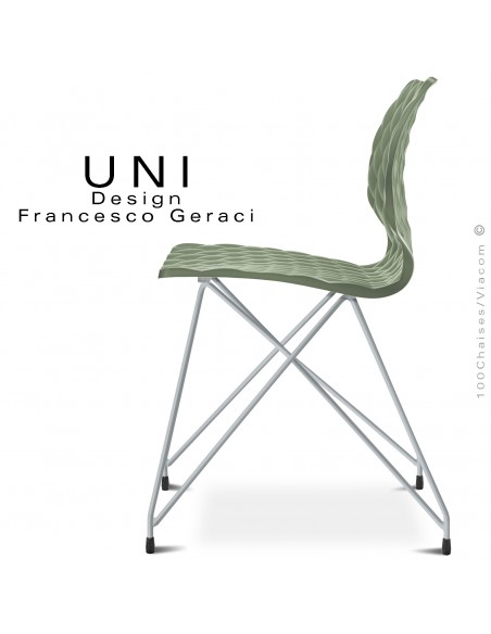 Chaise UNI, pour CHR, piétement fil d'acier type Eiffel, peint aluminium, assise coque plastique couleur vert pistache.