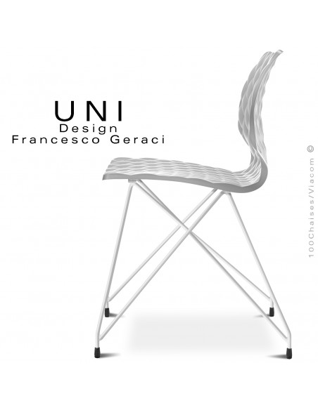 Chaise UNI, pour CHR, piétement fil d'acier type Eiffel, peint blanc, assise coque plastique couleur blanche.