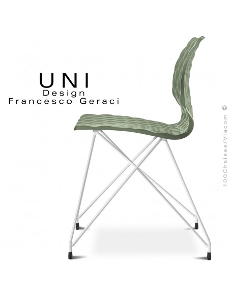 Chaise UNI, pour CHR, piétement fil d'acier type Eiffel, peint blanc, assise coque plastique couleur vert pistache.