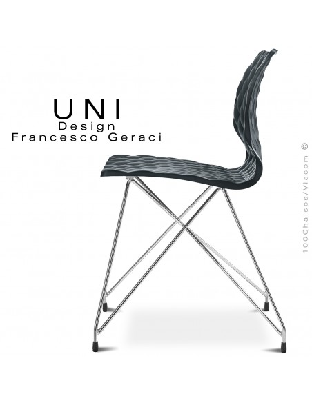 Chaise UNI, pour CHR, piétement fil d'acier type Eiffel, chromé brillant, assise coque plastique couleur anthracite.