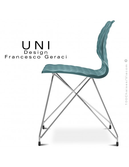 Chaise UNI, pour CHR, piétement fil d'acier type Eiffel, chromé brillant, assise coque plastique couleur bleu poudre.