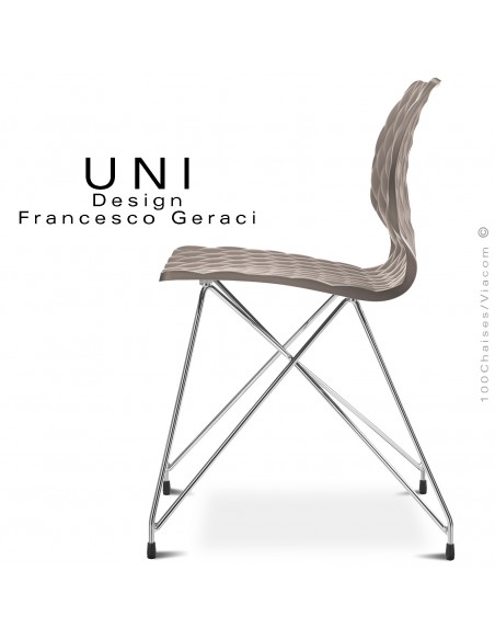 Chaise UNI, pour CHR, piétement fil d'acier type Eiffel, chromé brillant, assise coque plastique couleur gris tourterelle.
