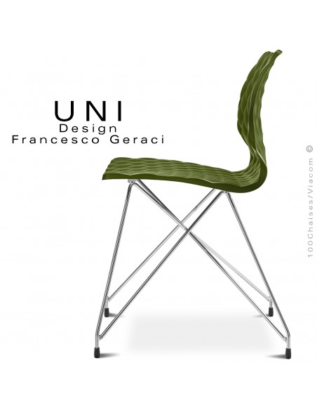 Chaise UNI, pour CHR, piétement fil d'acier type Eiffel, chromé brillant, assise coque plastique couleur vert olive.