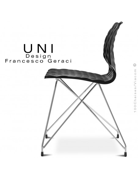 Chaise UNI, pour CHR, piétement fil d'acier type Eiffel, chromé brillant, assise coque plastique couleur noir.