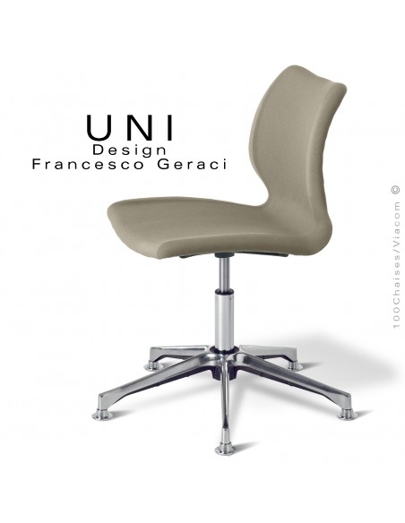 Chaise de bureau confort UNI, piétement colonne centrale aluminium brillant, assise tissu gamme Medley couleur argile.