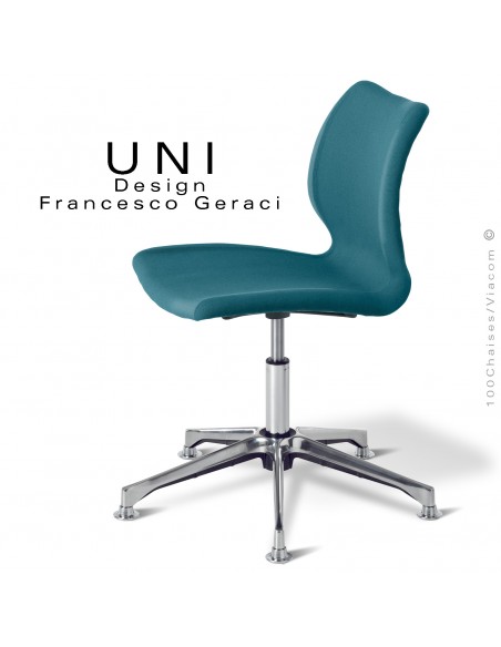 Chaise de bureau confort UNI, piétement colonne centrale aluminium brillant, assise tissu gamme Medley couleur bleu.