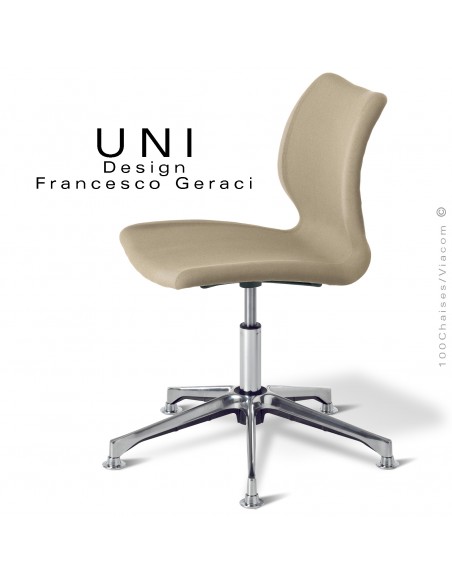 Chaise de bureau confort UNI, piétement colonne centrale aluminium brillant, assise tissu gamme Medley couleur corde.