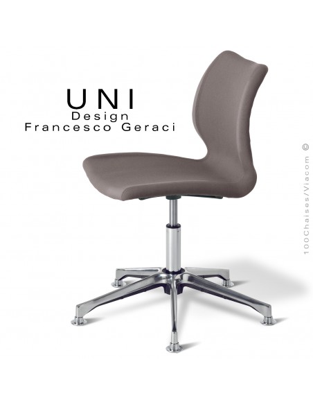 Chaise de bureau confort UNI, piétement colonne centrale aluminium brillant, assise tissu gamme Medley couleur gris.