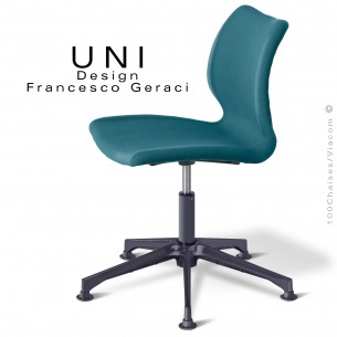 Chaise de bureau confort UNI, piétement colonne centrale aluminium noir, assise tissu gamme Medley couleur bleu.