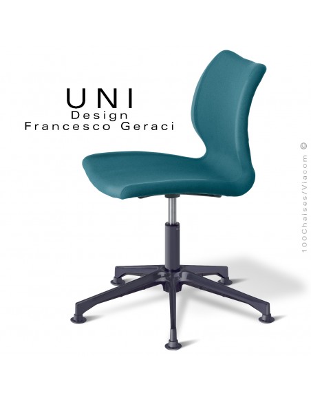 Chaise de bureau confort UNI, piétement colonne centrale aluminium noir, assise tissu gamme Medley couleur bleu.