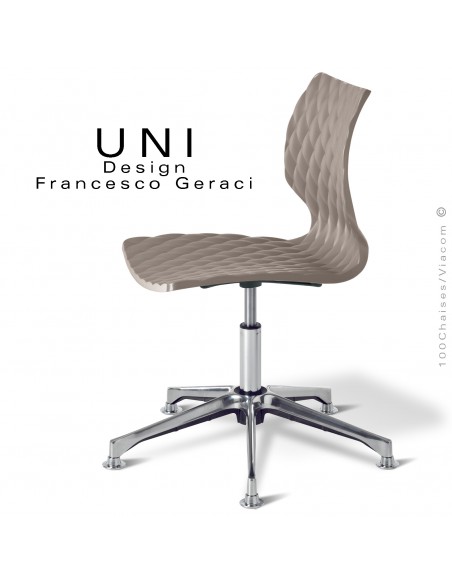 Chaise de bureau pivotante avec vérin d'élévation de l'assise plastique couleur gris tourterelle, piétement aluminium brillant.