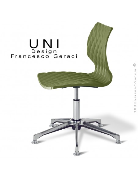 Chaise de bureau pivotante avec vérin d'élévation de l'assise plastique couleur vert olive sur piétement aluminium brillant.