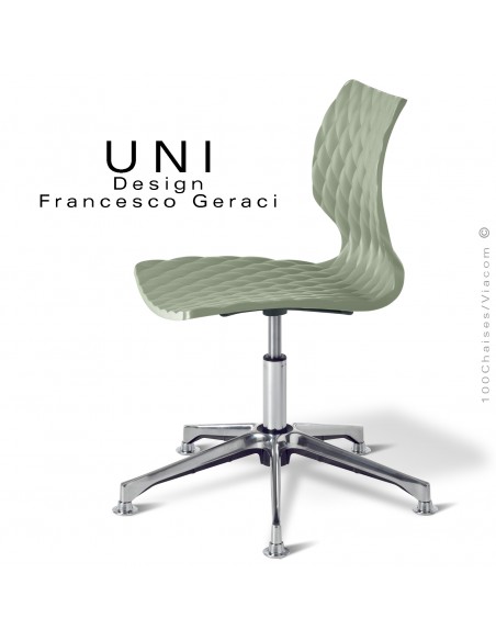Chaise de bureau pivotante avec vérin d'élévation de l'assise plastique couleur vert pistache ,piétement aluminium brillant.