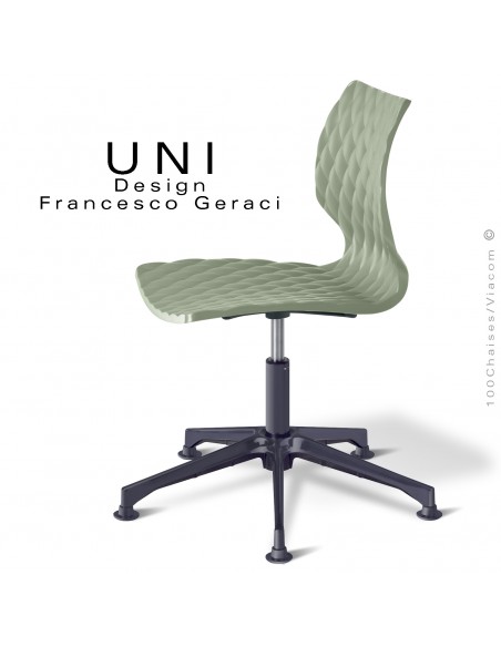 Chaise de bureau pivotante avec vérin d'élévation de l'assise plastique couleur vert pistache sur piétement aluminium noir.