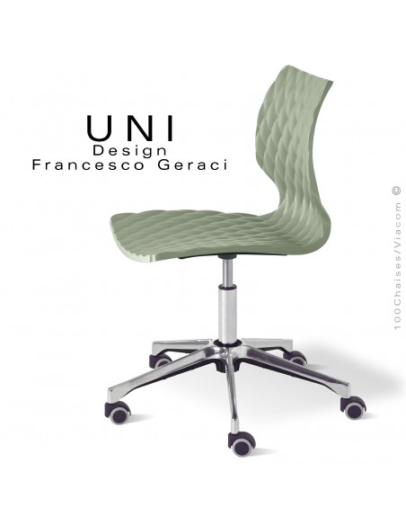 Chaise de bureau sur roulettes UNI, assise coque couleur plastique vert pistache, piétement aluminium brillant.