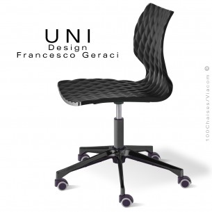 Chaise de bureau sur roulettes UNI, assise coque couleur plastique noir, piétement aluminium noir.