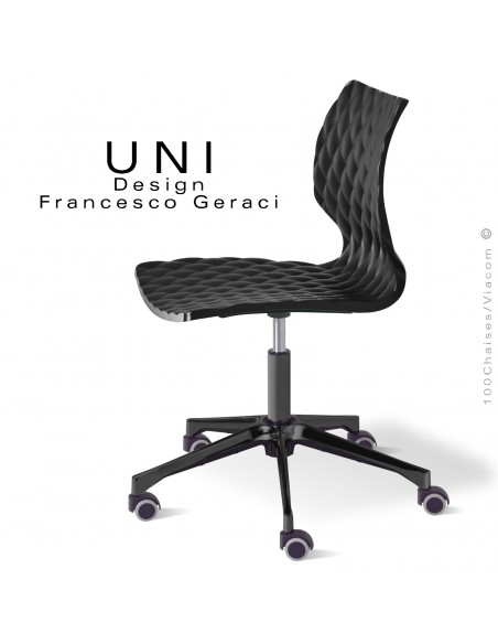 Chaise de bureau sur roulettes UNI, assise coque couleur plastique noir, piétement aluminium noir.