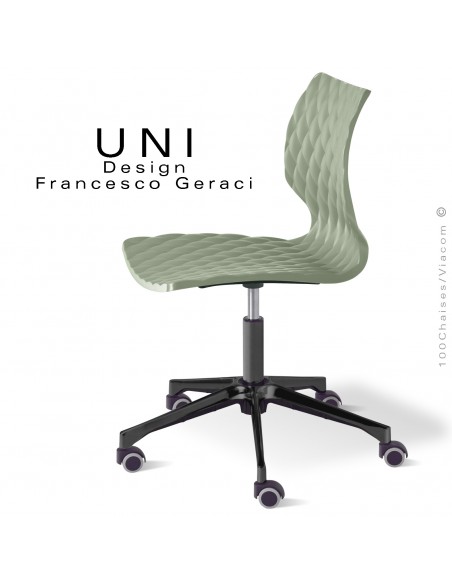 Chaise de bureau sur roulettes UNI, assise coque couleur plastique vert pistache, piétement aluminium noir.
