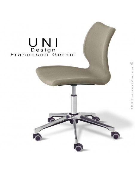 Chaise de bureau confort UNI, piétement colonne centrale aluminium brillant avec roulettes, assise tissu couleur argile.