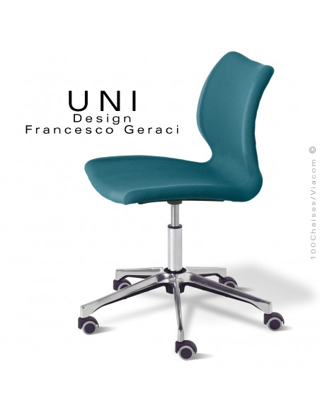 Chaise bureau confort UNI, piétement colonne centrale aluminium brillant avec roulettes, assise tissu couleur bleu.