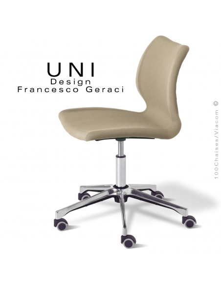 Chaise bureau confort UNI, piétement colonne centrale aluminium brillant avec roulettes, assise tissu couleur corde.