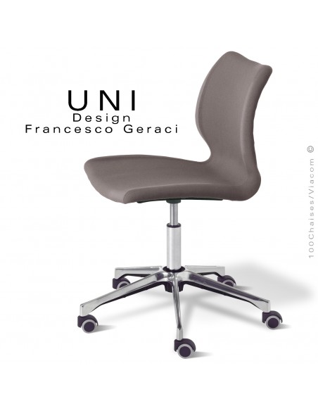 Chaise bureau confort UNI, piétement colonne centrale aluminium brillant avec roulettes, assise tissu couleur gris.