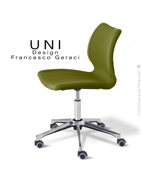 Chaise bureau confort UNI, piétement colonne centrale aluminium brillant avec roulettes, assise tissu couleur kaki.