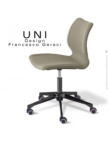 Chaise bureau confort UNI, piétement colonne centrale aluminium noir avec roulettes, assise tissu couleur argile.