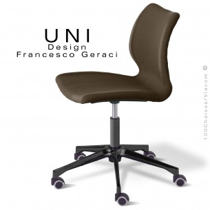 Chaise bureau confort UNI, piétement colonne centrale aluminium noir avec roulettes, assise tissu couleur marron.