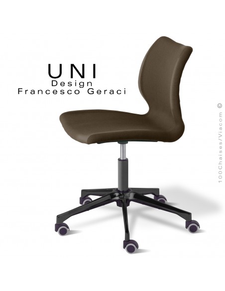 Chaise bureau confort UNI, piétement colonne centrale aluminium noir avec roulettes, assise tissu couleur marron.