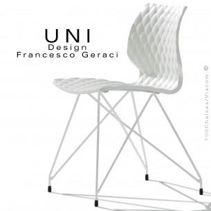 Chaise UNI, pour CHR, piétement fil d'acier type Eiffel, peint blanc, assise coque plastique couleur blanche.