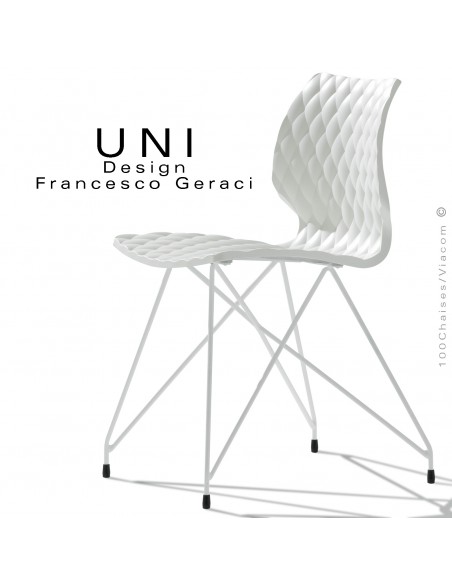 Chaise UNI, pour CHR, piétement fil d'acier type Eiffel, peint blanc, assise coque plastique couleur blanche.