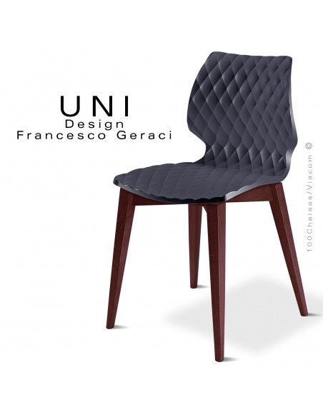 Chaise UNI, piétement bois de hêtre teinté brun, assise effet matelassé couleur anthracite.