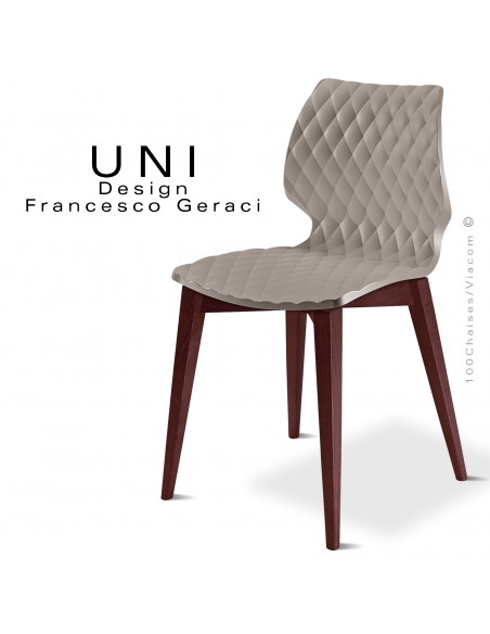 Chaise UNI, piétement bois de hêtre teinté brun, assise effet matelassé couleur gris tourterelle.