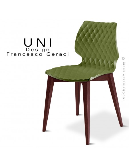 Chaise UNI, piétement bois de hêtre teinté brun, assise effet matelassé couleur vert olive.