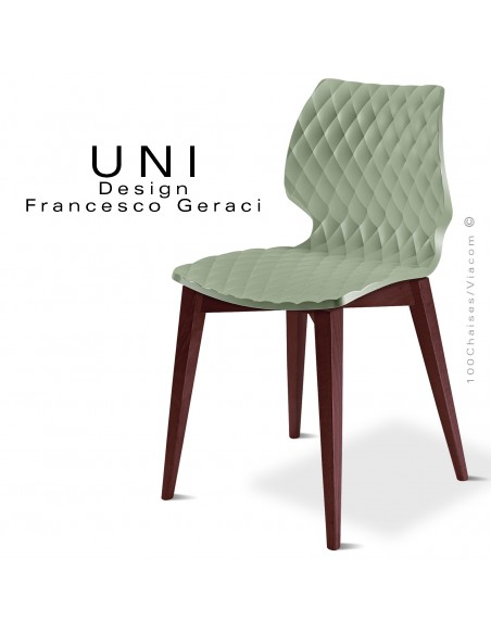 Chaise UNI, piétement bois de hêtre teinté brun, assise effet matelassé couleur vert pistache.