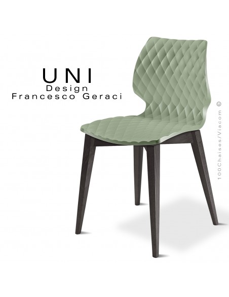 Chaise UNI, piétement bois de hêtre teinté châtaignier, assise effet matelassé couleur vert pistache.