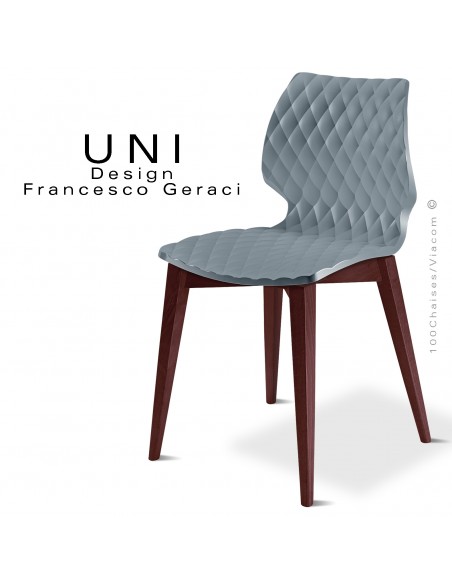 Chaise UNI, piétement bois de hêtre teinté brun, assise effet matelassé couleur gris petit gris.