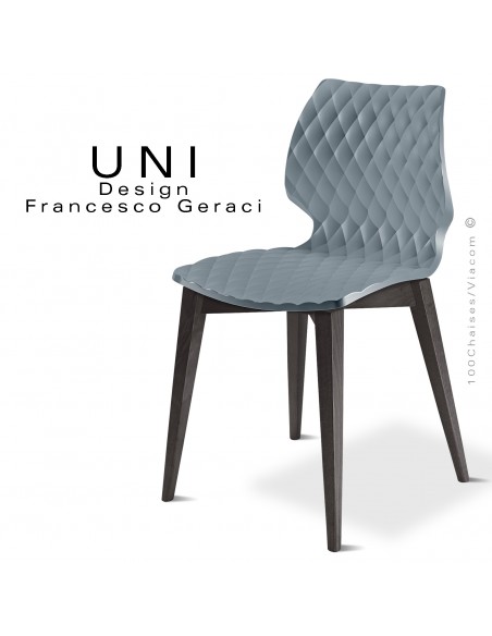 Chaise UNI, piétement bois de hêtre teinté noir, assise effet matelassé couleur gris petit gris.