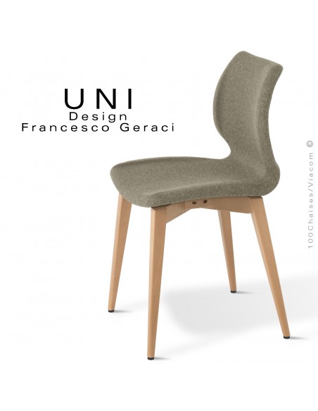 Chaise repas CHR, collection UNI, piétement bois de hêtre teinté châtaignier, assise mousse habillage tissu Medley argile.