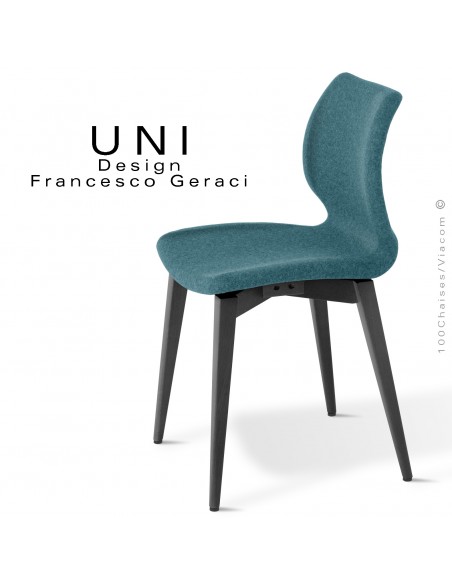 Chaise repas confort CHR, collection UNI, piétement bois de hêtre teinté noir, assise mousse habillage tissu Medley bleu.