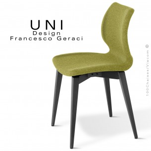 Chaise repas confort CHR, collection UNI, piétement bois de hêtre teinté noir, assise mousse habillage tissu Medley pistache.