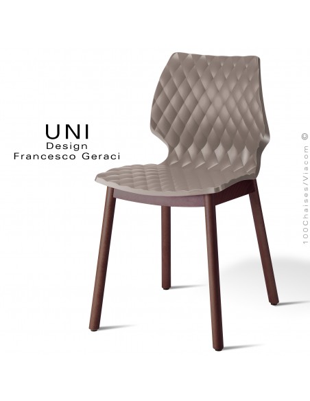 Chaise UNI, piétement bois teinté brun, assise coque effet matelassé couleur argile.